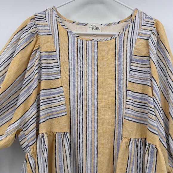 Ava James Top Women 2X Yellow Blue Striped Linen Cotton Blend Short Puff Sleeves - Picture 4 of 12
